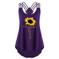 Womens Flowy Vest Top Bandages Tank Top Sunflower Print Sleeveless Backless T-Shirts (Purple, M)