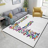 YucouHome Letter F Traditional Area Rug Living Room, Tropical Climate Fauna Insects with Colorful Wings Biology Beauty Nature Theme, Fashionable High Class Living Dinning Room(3'x 8') Multicolor
