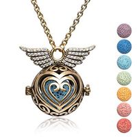 Kayder Retro Bronze Angel Wing Filigree Heart-Shaped Locket Essential Oil Diffuser Aromatherapy Pendant Necklace with 7 Color Yoga Chakra Lava Rock Bead Inserts, 20" to 22" Adjustable
