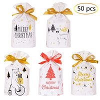 Qibote 50 Packs Merry Christmas Print Treat Bags with Drawstring Candy Bags, Plastic Christmas Gift Bags Drawstring Cookie Bags for Christmas Holiday Party Favors