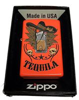 Zippo Custom Lighter - Tequila Bottle with Sombrero - Regular Neon Orange