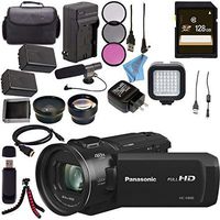 Panasonic HC-V800 HC-V800K Full HD Camcorder + Replacement Lithium Ion Battery + External Rapid Charger + 128GB SDXC Card + 62mm 3 Piece Filter Kit + LED Light + Condenser Mic Bundle