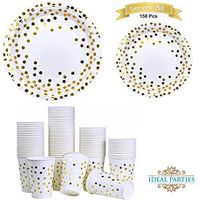 Gold Dot Disposable Paper Plates with Cups Set 150 PCS - Elegant paper Cups, Dinner and Dessert Plates for Bridal Shower, Baby Shower, Wedding, Anniversary, Birthday Any Party supplies for 50 Guest!!