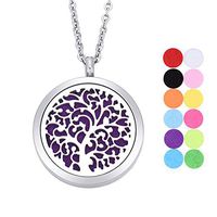 Tree of Life Aromatherapy Essential Oil Diffuser Necklace Stainless Steel Round Locket Pendant 24" Chain,12 Refill Pads