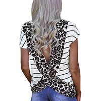 Amlaiworld Women Shirt Open Back Blouse Stripe Leopard Printed Short Sleeve T Shirt Casual Summer Tee Top White