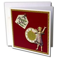 3dRose A Happy New Year Little Girl with a Gold Clock Pointing to Midnight - Greeting Cards, 6 x 6 inches, set of 12 (gc_153564_2)