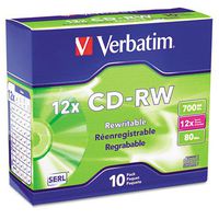 Verbatim CD-RW Discs 700MB/80min 12x With Slim Jewel Cases Silver 10/Pack High-Speed Reusable