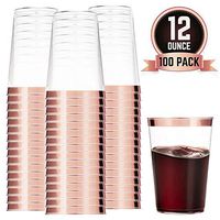 100 Rose Gold Plastic Cups 12 Oz Clear Plastic Cups Tumblers Gold Rimmed Cups Fancy Disposable Wedding Cups Elegant Party Cups with Gold Double Rim