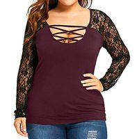 Meikosks Ladies Oversized Long Sleeve Tops Lace Patchwork Blouses V Neck Cross T Shirt Red