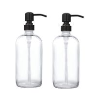 2 Pack Thick Clear Glass Boston Round Bottles/Oil Rubbed Bronze Stainless Steel Pumps, 16 Ounce Jar Soap Dispenser with Rustproof Pump for Essential Oil, Liquid Soap