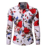 Sunhusing Men's Spring Summer Beach Style Bohemian Leaves Printed Long Sleeve Button-Down Lapel T-Shirt(White 2,L)