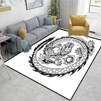 Bigdatastore Dragon Heavy Duty Area Rug Hearts, Japanese Swirled Dragon Pattern Folk Heritage Spiritual Illustration, Fashionable High Class Living Dinning Room(3'x 8')
