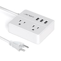JSVER Compact Travel Power Strip with 3 USB Smart Charging Station and 2 Power Outlet, White
