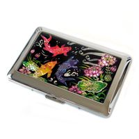 Antique Alive Mother of Pearl Koi Fish Engraved Metal Lotus Flower Design Cigarette Holder Case, Red/Yellow