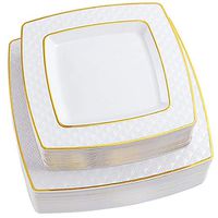 NERVURE 72 PCS Gold Square Disposable Plastic Plates-Wedding and Party Dinnerware 36PCS 9.5 inch Dinner Plates And 36PCS 7.6 inch Dessert/Salad Plates - Value Pack 72 Count.