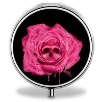 Compact 3 Compartment Medicine Case, IMLONE Customized Rose Skull Art Pill Organizer Metal Pill Box Pill Container for Purse, Travelling and Daily Needs