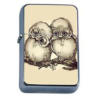 Cute Owls Flip Top Oil Lighter S1 Smoking Cigarette Smoker Includes Silver Case