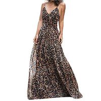 Women's Sexy Leopard Maxi Dress Ladies High Waist Sexy Deep V-Neck Sling Long Dresses