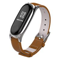 Mijobs Compatible Xiaomi Mi Band 3, Genuine Leather Replacement Strap Breathable Wristband with Metal Frame Bracelet Accessories for Xiaomi Mi Band 4 Smart Watch Bracelet Wristband (Brown and Silver)