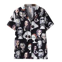 Meikosks Womens Vintage Print Summer Blouses Short Sleeve Korean Shirt Loose Tops Black