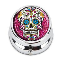 Luxcase Sugar Skull Custom Round Silver Pill Box Pocket Medical Tablet Holder Decoration Box Wallet
