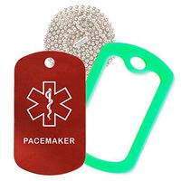 Pacemaker Medical Alert ID Necklace with Red Tag, Green Silencer, and 30'' USA Chain - 154 Color Choices