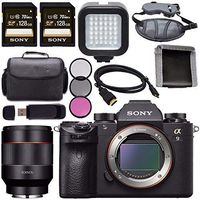 Sony ILCE9/B Alpha a9 Mirrorless Digital Camera ILCE9/B + Rokinon AF 50mm f/1.4 FE Lens for E 128GB SDXC Card + HDMI + Carrying Case + Memory Card Wallet + Card Reader + LED Light Bundle