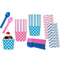Gender Reveal Ice Cream Party Kit - 12 Ounce Pink and Blue Dessert Treat Cups - Heavyweight Plastic Spoons - Polka Dot Paper Straws - 24 Each Cups and Spoons and 50 Straws