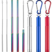 3 Pieces Portable Stainless Steel Straw Set Telescopic Metal Drinking Straws Reusable Straw with Cleaning Brush, Stainless Steel Carrying Case and Keychain (Multicolor Straw, Silver Blue Red)
