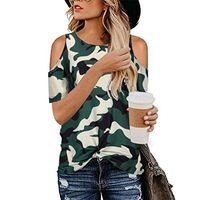Meikosks Women's Short Sleeve Cold Shoulder Tops Camo Printed T Shirt Crewneck Blouses