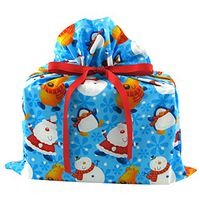 North Pole Buddies Reusable Christmas Gift Bag - Santa, Snowman, Reindeer on Blue Fabric (Medium 17 Inches Wide by 18.5 Inches High)