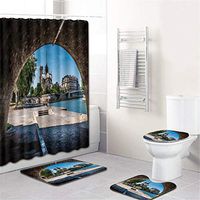 Naiflowers 4 Piece Bath Shower Curtain Sets, Bathroom Shower Curtain & Toilet Mat & Lid Cover & Non Slip Rugs Notre Dame de Paris Printing, Washable Bath Curtain Carpet for Tub Living Room (H)
