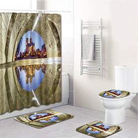 Naiflowers Bath Shower Curtain Sets 4 PC, Bathroom Shower Curtain & Toilet Mat & Lid Cover & Non Slip Rugs Tub Living Room Washable Bath Curtain Non-Slip Carpet Set Doormats Decor (A)