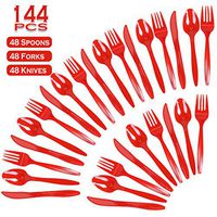 144Pcs Disposable Dinnerware Party Pack Classic Red Colored Full Size 48 Count Knives Spoons Forks Plastic Cutlery Set Heavy Duty