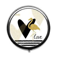 Gold Glitter Flamingo and Different Hearts Round Pill Box/Pill case-3 Compartments for Keeping Pills Separate Pill Box/Pill case