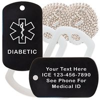 Custom 2 Pack - Diabetic Medical Alert ID Necklaces with Black Custom Tags, Clear Silencers, and 30'' USA Chains