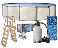 Lake Effect Fallston 15ft Round Above Ground Swimming Pool Complete Bundle Kit | 52in Height | Boulder Swirl Pattern Overlap Liner | A Frame Ladder System | Filter Tank | 1 HP Pump | Widemouth Skimmer