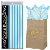 Flexicore Packaging Natural Brown Kraft Paper Welcome Bags & Turquoise Gift Wrap Tissue Paper | Size: 5.25 Inch X 3.25 Inch X 8.25 Inch | Count: 50 Bags | Color: Turquoise Pin Stripe