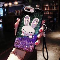 Cfrau Cartoon Rabbit Stand Case with Black Stylus for iPhone 6 Plus/6S Plus,Luxury Cute Bunny Design Purple Glitter Stars Liquid Soft Bumper Diamond Sparkle Case for Girls Women with Hand Strap