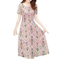 Vintage Summer Boho Dress Casual Cute Women Summer Short Sleeve Beachwesr Dress Pink