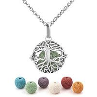 Third Time Charm Natural Lava Rock Stone Aromatherapy Family Tree Of Life Necklace For Essential Oil Diffuser Locket Pendant With 6 Lava Beads (Silver Plated)