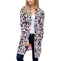 CrazyloverⓇ Women Long Sleeve Open Front Leopard Knit Long Cardigan Casual Print Knitted Maxi Sweater Coat Outwear Pink