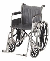 Wheel Chair - Folding wheel chair with detachable swing away legs, heel loop and 24" mag wheels with solid tires. Black leatherette seat upholstery. Available in 18" wide.