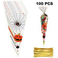 100 Pieces Halloween Cone Bags Halloween Clear Cellophane Bags Halloween Cellophane Bags Treat Bags with 150 Pieces Twist Ties for Halloween Easter Candy Cookie Storage, 15 x 6.3 Inches (Style Set 4)