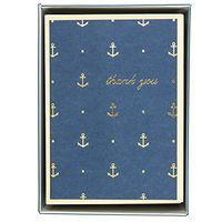 Graphique Gold Anchors Boxed Notecards, 16 Navy Blue"Thank You" Message Cards, Embellished Gold Foil Notecards with Matching Envelopes and Storage Box, 3.25" x 4.75"