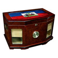 Large Premium Desktop Humidor - Glass Top - Flag of Haiti (Haitian) - Wood Design - 300 Cigar Capacity - Cedar Lined with Two humidifiers & Large Front Mounted Hygrometer.