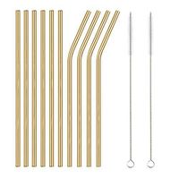 TDGOM 5 Color 12-Pack Stainless Steel Metal Straws Reusable with 2 Cleaning Brushes - Curved Drinking Straws for 20oz Tumblers Dishwasher Safe (Gold)