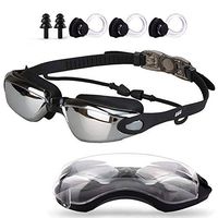 Linwnil Swim Goggles,Swimming Goggles with Mirror Lens for Men Women Adult Youth Kids Girls Anti Fog No Leaking with Earplugs,Nose Clips, and Case (Black/1Pack)