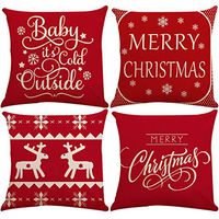 Indexshop Christmas Pillow Covers Set of 4 Red Merry Snowflakes Happy Winter Let It Snow Red Cotton Linen Throw Pillow Case, Square Throw Waist Cushion Cover Pillowcase 18"x 18" (Multicolor)