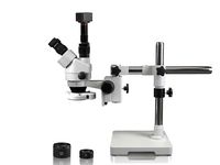 Vision VS-3FZ-IFR07-5N Simul-Focal Trinocular Zoom Stereo Microscope,10x WF Eyepiece,3.5x90x Magnification, 0.5X&2X Aux Lens,Single Arm Boom Stand,144-LED Ring Light,5.0MP Digital Eyepiece Camera